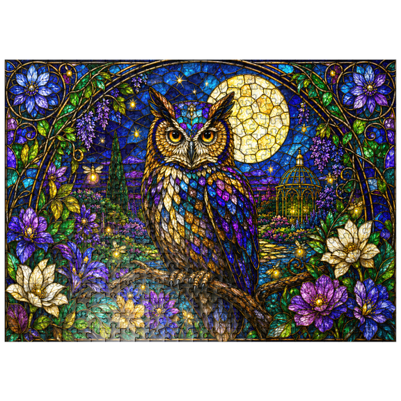 MyPuzzle - Stained Glass Owl Moon Garden - Premium 500 Piece Jigsaw Puzzle for Adults
