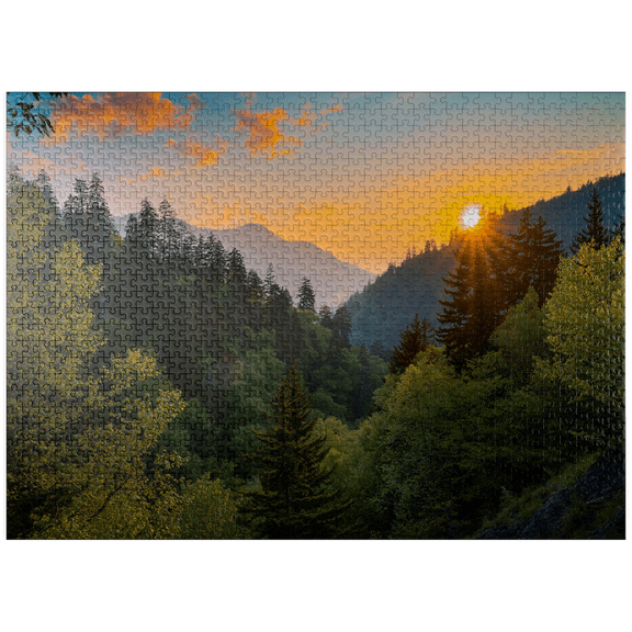 MyPuzzle - Sunrise Over Forested Mountain Valley - Premium 1000 Piece Jigsaw Puzzle for Adults