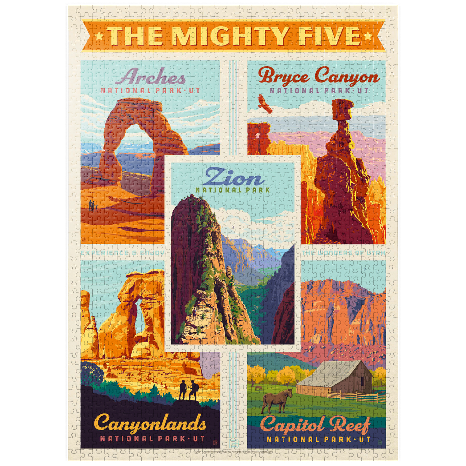 MyPuzzle - The Mighty Five: Utah National Parks, Vintage Poster - Premium 1000 Piece Jigsaw Puzzle for Adults