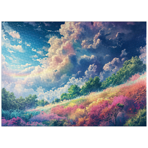 MyPuzzle - Vibrant Meadow Under Rainbow Clouds - Premium 1000 Piece Jigsaw Puzzle for Adults