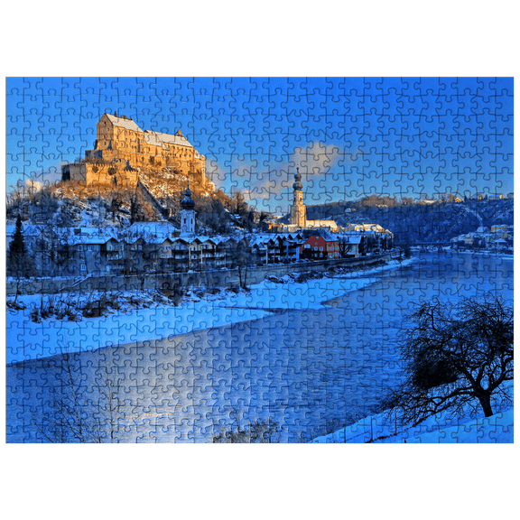 MyPuzzle - View Over The Salzach River To The Old Town With Castle, Heilig-Geist-Kirche And Parish Church St. Jakob In The Morning Light, Burghausen - Premium 500 Piece Jigsaw Puzzle for Adults