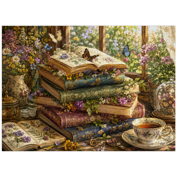 MyPuzzle - Vintage Wildflower Book Stack - Premium 300 Piece Jigsaw Puzzle for Adults