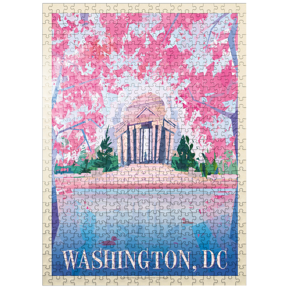 MyPuzzle - Washington, DC: Jefferson Memorial In Bloom (Mod Design), Vintage Poster - Premium 500 Piece Jigsaw Puzzle for Adults