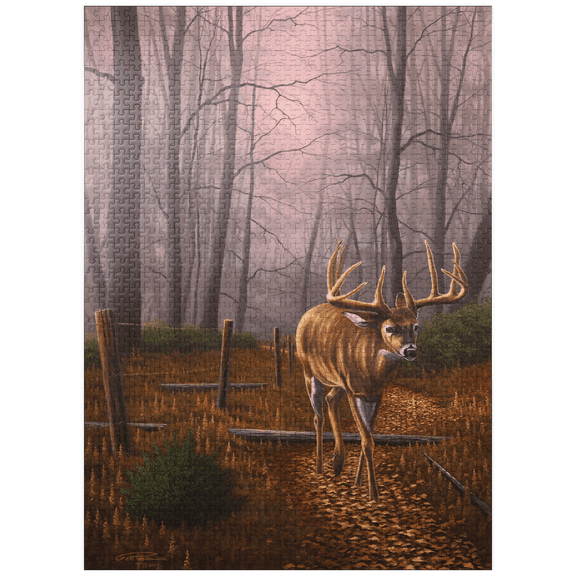 MyPuzzle - White-Tailed Deer In Autumn Forest Mist - Premium 1000 Piece Jigsaw Puzzle for Adults