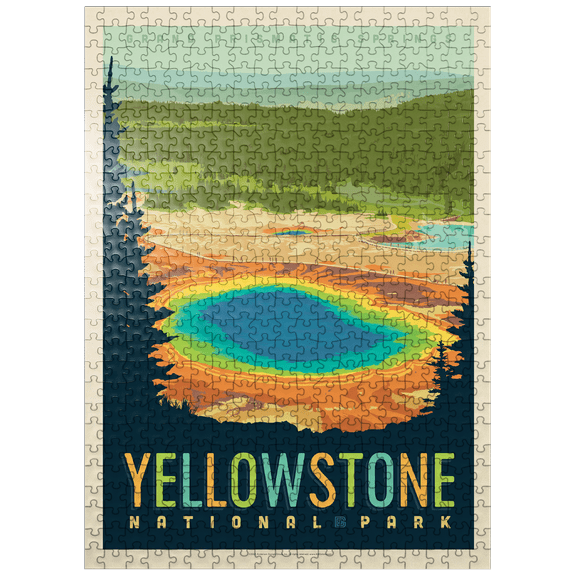 MyPuzzle - Yellowstone National Park: Grand Prismatic Springs, Vintage Poster - Premium 500 Piece Jigsaw Puzzle for Adults