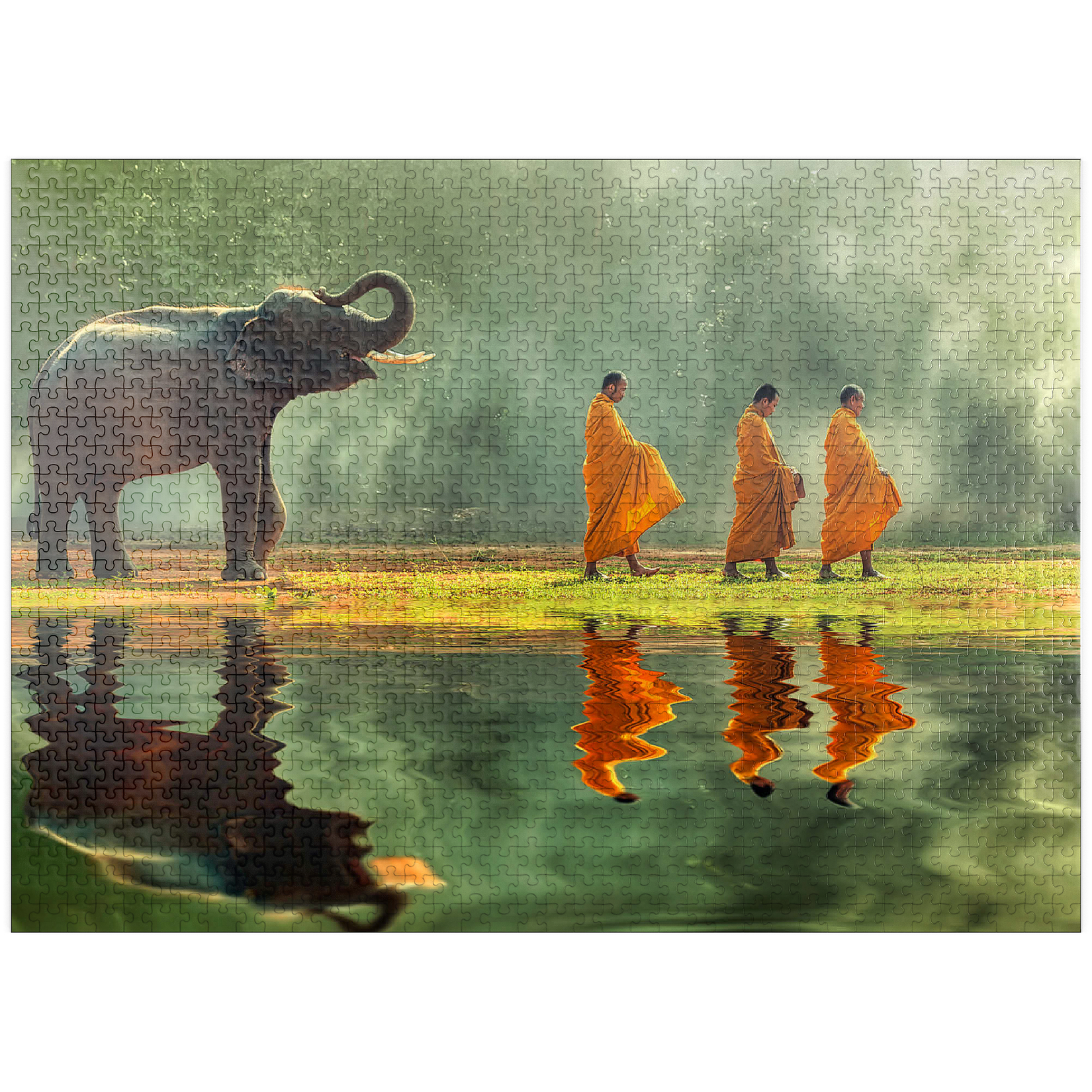 MyPuzzle Young Elephants With Monk Sallies Round Premium 1000 Piece 
