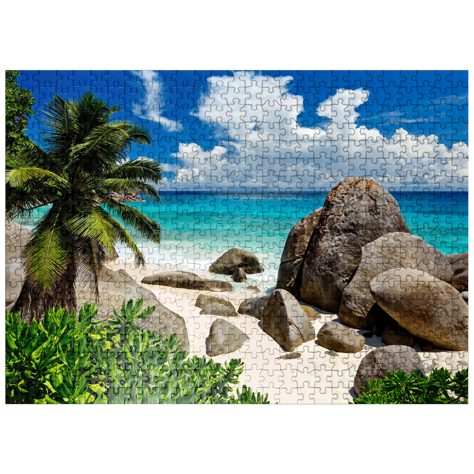 Granite rocks at Carana Beach in Carana Bay, northern tip of Mahe Island, Seychelles with palm tree