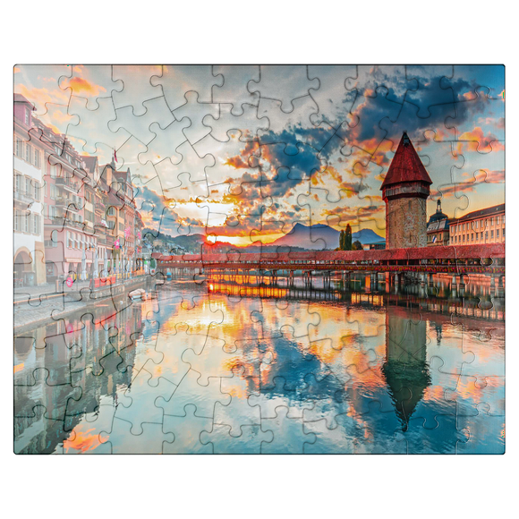 MyPuzzle - Sunset In The Historical City Center Of Lucerne With The Famous Chapel Bridge And Lake Lucerne, Canton Lucerne, Switzerland - Premium 100 Piece Jigsaw Puzzle for Adults