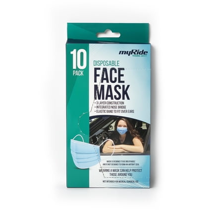 MyRide Disposable 3 Ply Ear loop Breathable Non-Woven Face Mask for Adults, 10 - pack