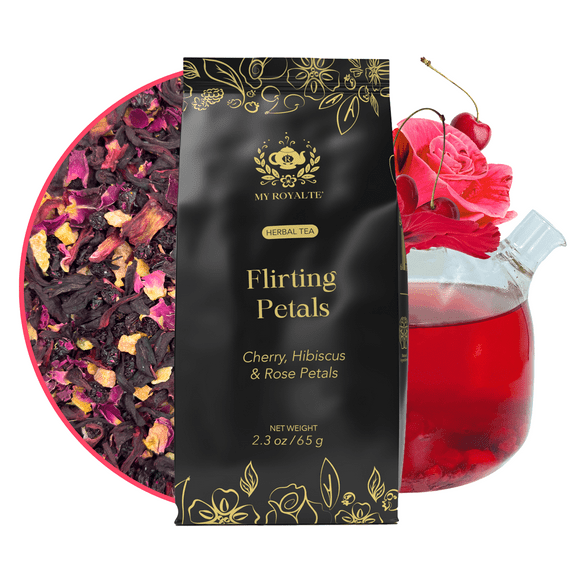 MyRoyalte - Rose Petals Herbal Loose Leaf Tea - Earthy Hibiscus Blend with Sweet Floral Notes - Fragrant Aromas of Roses and Cherries - High Caffeine