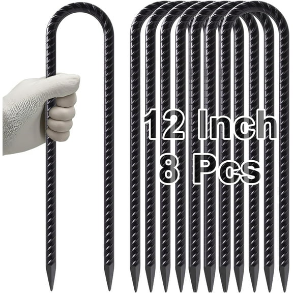 MySit 12 Inches Trampoline Wind Stakes Set of 8 Heavy Duty U Stakes Ground Tie Down Anchor Kit for Camping Tents, Swing Set and Soccer Goal Galvanized Steel Anchors Black