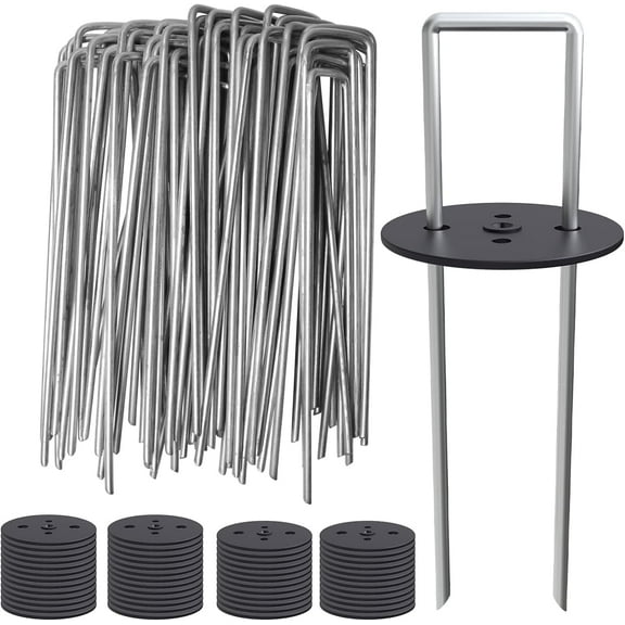 MySit 6 Inch 50 pcs Galvanized Landscape Staple 50 Pcs Gaskets Pick Hook Anti-Rust U-Shaped Tent Stakes Landscaping Fabric SOD Pins for Weed Fabric Barrier,Groud Cover,Fence