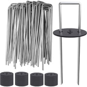 MySit 6 Inch 50 pcs Galvanized Landscape Staple 50 Pcs Gaskets Pick Hook Anti-Rust U-Shaped Tent Stakes Landscaping Fabric SOD Pins for Weed Fabric Barrier,Groud Cover,Fence