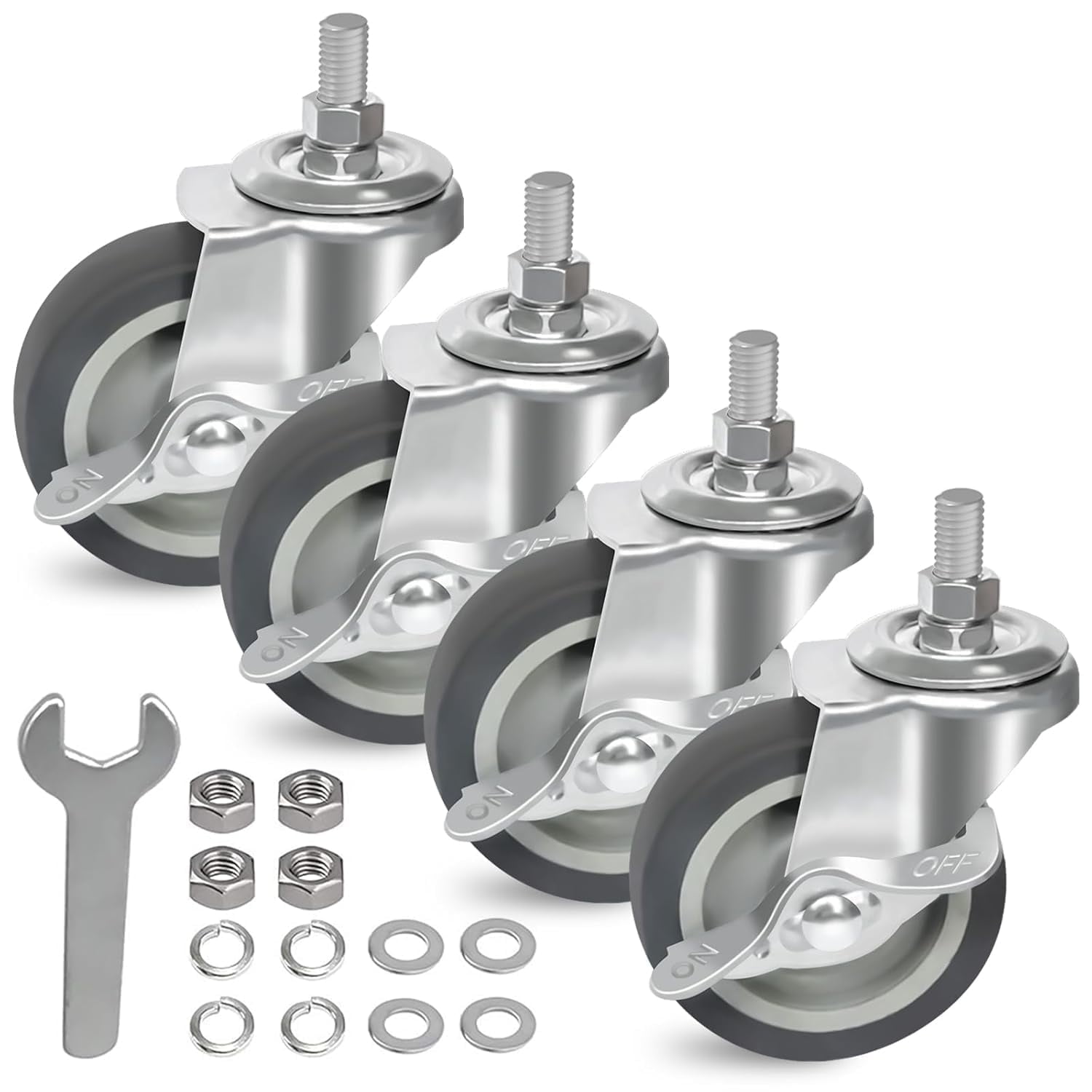 3 Inch Gray Rubber Locking Brake Swivel Stem Casters Set of 4