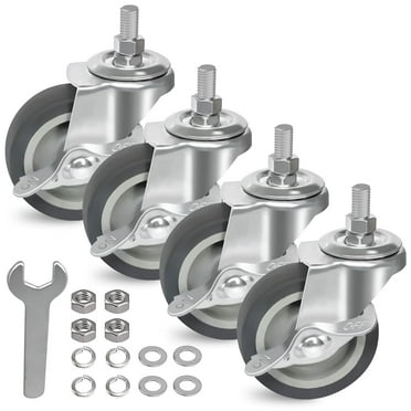 MySit Caster Wheels, Stem Casters Set of 4, 3 Inch 3/8"-16x1" Threaded Stem Mount Industrial Castors, Heavy Duty Rubber Locking Brake Swivel Wheel Replacement for Carts Dolly Workbench Troll