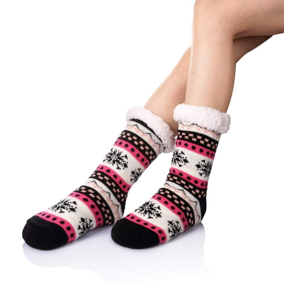 MySmile 1 Pair Women Men Christmas Slipper Socks Fuzzy Thermal Bed Sherpa Slipper Socks Fleece US 5-11 Christmas Socks Black Rose