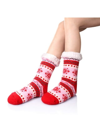 Women's Sherpa Lined Slipper Socks w/ Grippers One Size Burgundy Red/White