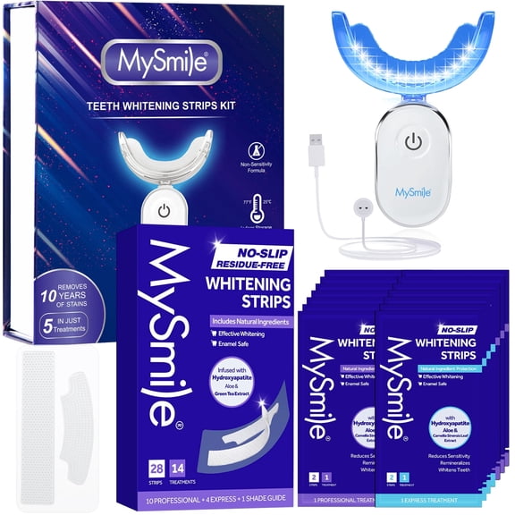 MySmile Anti-Sensitivity Teeth Whitening Strips, 28-LED Teeth Whitening Kit, Hydroxyapatite-Infused, Non Slip Enamel Safe White Strips, Yellow Teeth Stain Remover, Botanic Formula, Mint, 28pcs