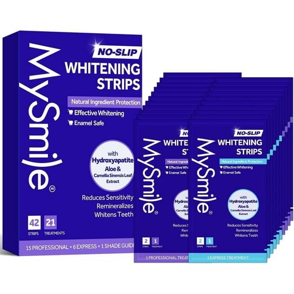 MySmile Hydroxyapatite-Infuse Anti-Sensitivity Teeth Whitening Strips, Tooth Whitener, 42pcs Residue-Free Enamel-Safe White Strips, Natural Ingredients, Non-Slip, 21 Treatments