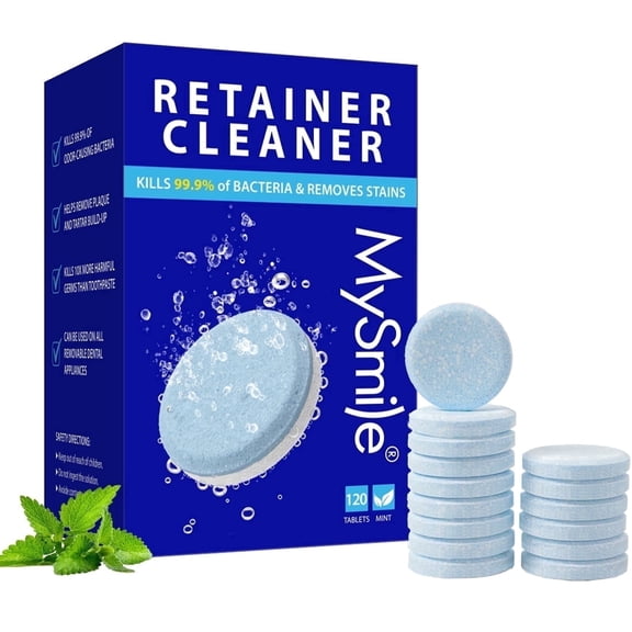 MySmile 120pc Retainer Cleaner Tablets, Denture Cleanser for Invisalign, Teeth Whitening Tray, Mouth Guard Cleaner, Water Flosser Tank, Tea & Coffee Cup, Fast Remove Stains, Mint