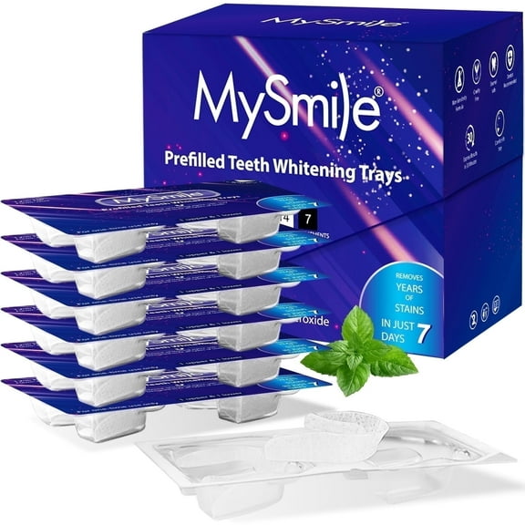 MySmile 14PC Prefilled Teeth Whitening Trays, 12% Hydrogen Peroxide Teeth Whitening Gel Tray Kit Mint Flavor, 7 Treatment, Remove 20 Years Stain