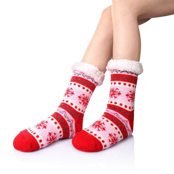 MySmile 1Pair Women Fleece Slipper Socks Thermal Cozy Fuzzy Sherpa Christmas Socks Non-Skid US 5-11 Red