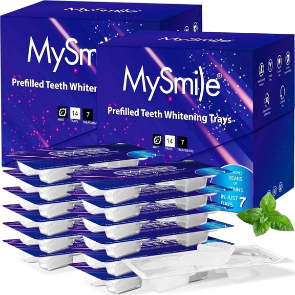 MySmile Prefilled Teeth Whitening Trays, 2Packs 28PCS 12% Hydrogen Peroxide Teeth Whitening Gel Tray Kit Mint Flavor, 14 Treatment, Remove 20 Years Stain