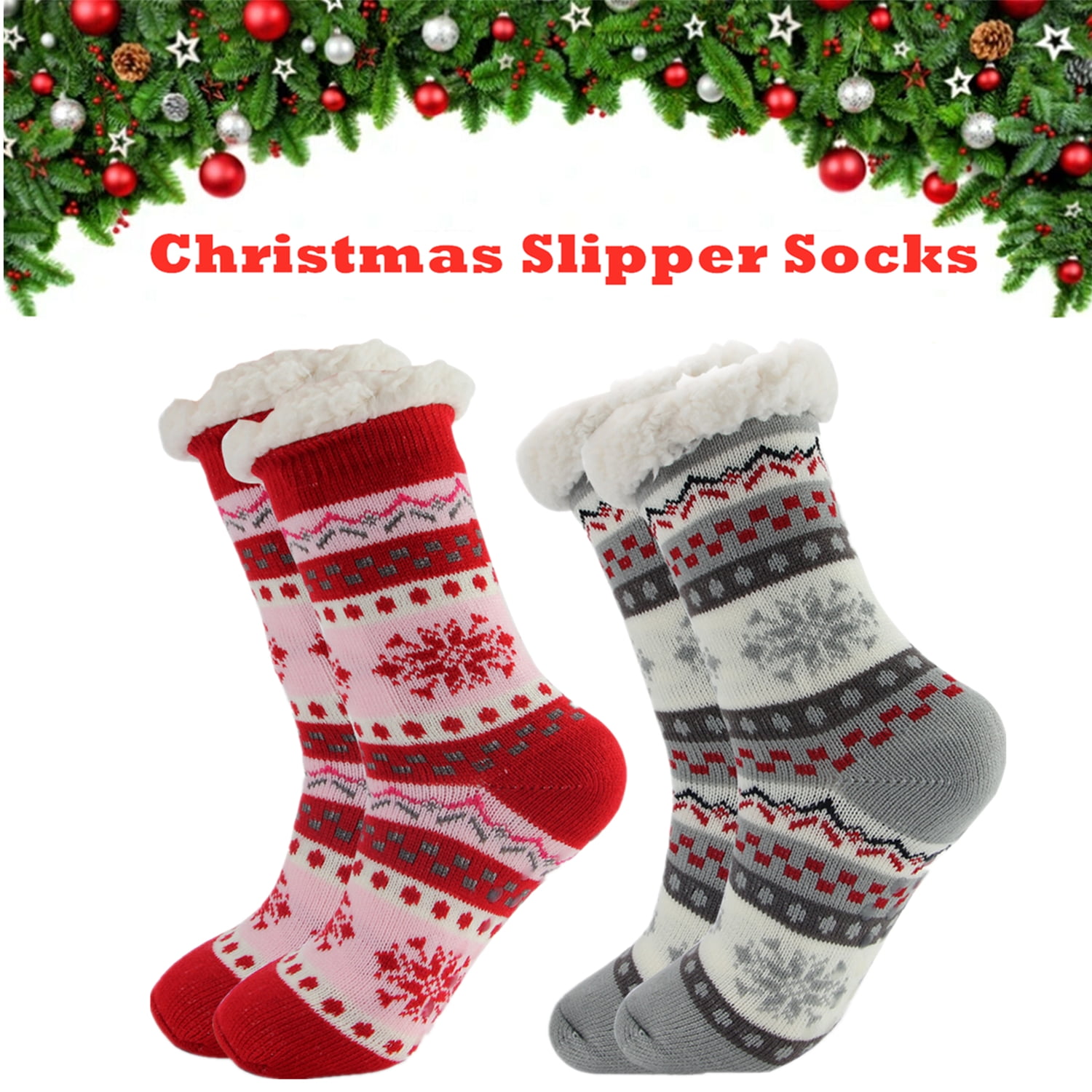 MySmile 2 Pairs Women's Thermal Bed Sherpa Slipper Socks, Christmas Red