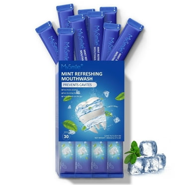 MySmile 30pc Travel Mouthwash for Adult Kids, Alcohol Free, Oral Cleaning, Kill Bad Breath, Prevents Cavities, Fluoride Free, Fresh Mint