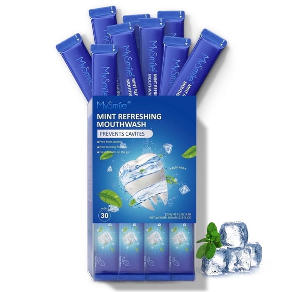 MySmile Mouthwash Alcohol Free, Mouth Wash for Adults, Travel Size Mouthwash Fresh Breath, Oral Rinse Helps Remove 99% of Bad Breath Germs, Prevents Cavities, Fluoride Free, Fresh Mint, 30 Packs