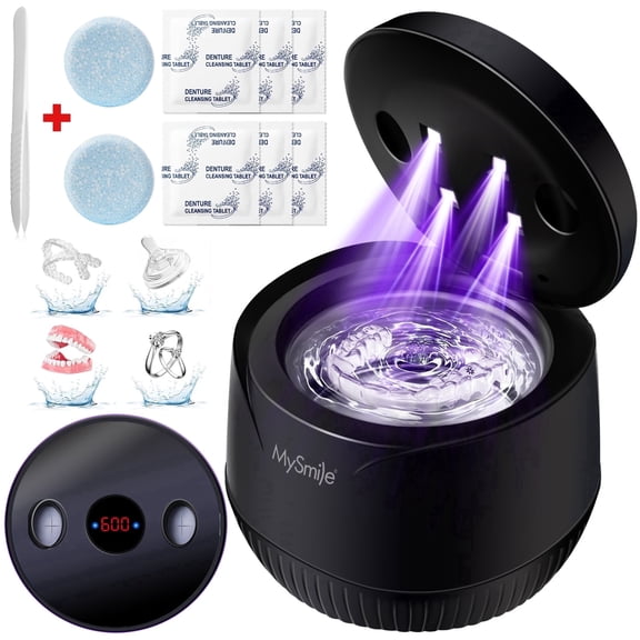 MySmile 45kHz Portable Ultrasonic Retainer Cleaner Machine with UV- C Light 6PC Denture Cleanser Tablets , Dental Cleaning Pod for Invisalign, Aligner, Mouth Guard, Jewelry, 2 Modes, Black