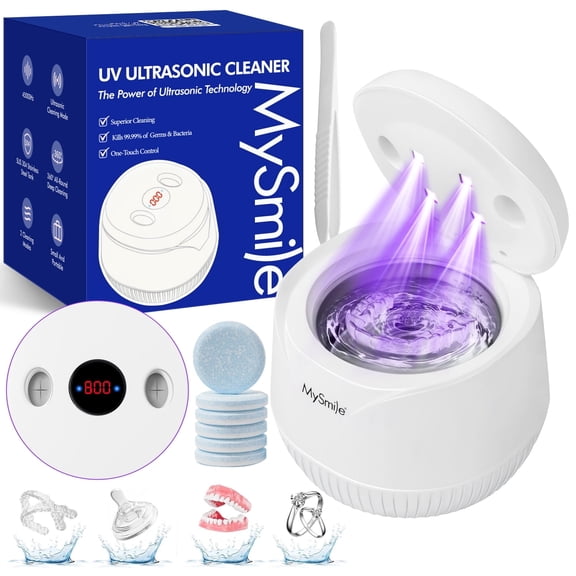 MySmile 45kHz Portable Ultrasonic Retainer Cleaner UVC Sterilizer Machine Dental Cleaning Pod for Denture Cleanser, Invisalign Aligner, Braces, Mouth Guard,Jewelry, White