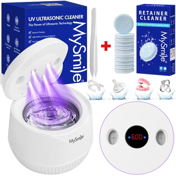 MySmile 45kHz Portable Ultrasonic Retainer Cleaner UVC Sterilizer Machine Dental Cleaning Pod for Denture Cleanser, Invisalign Aligner, Braces, Mouth Guard,Jewelry, White