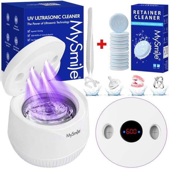 MySmile 45kHz Portable Ultrasonic Retainer Cleaner UVC Sterilizer Machine Dental Cleaning Pod for Denture Cleanser, Invisalign Aligner, Braces, Mouth Guard,Jewelry, White