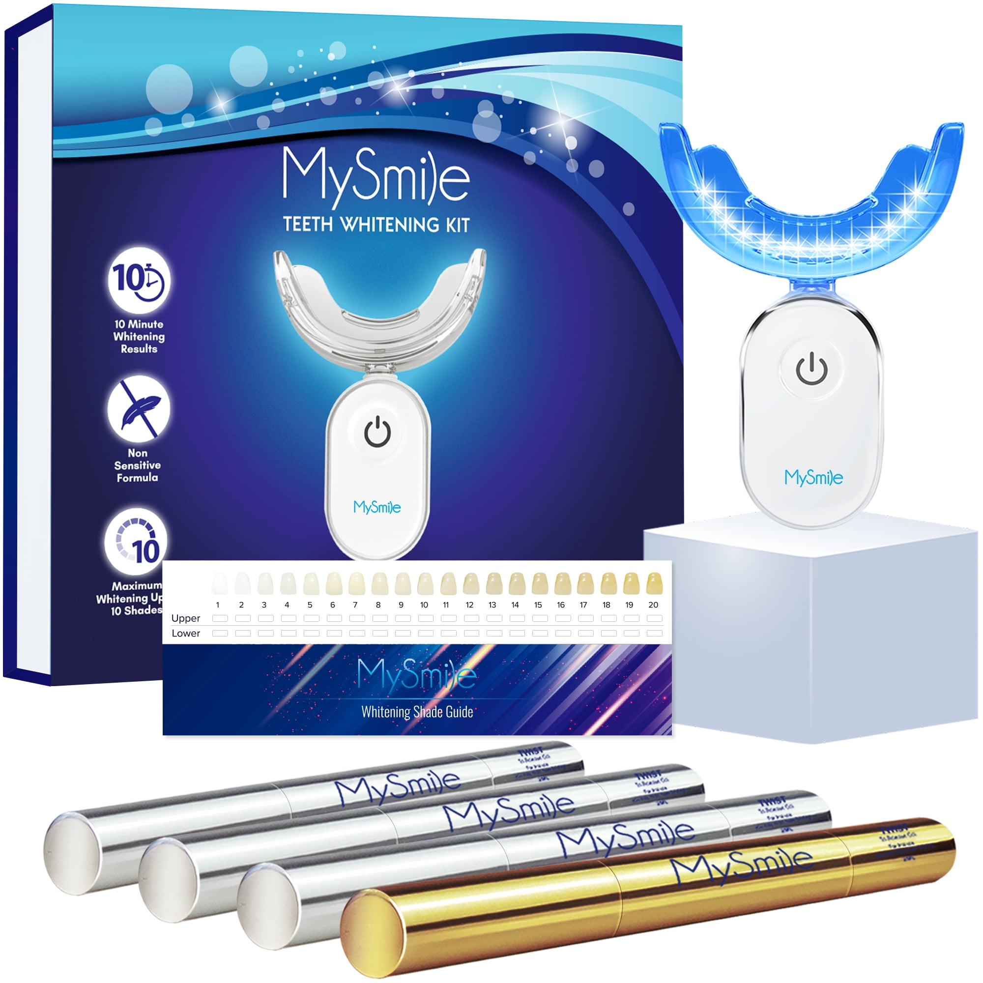 MySmile 4pc Deluxe Teeth Whitening Pen Kit with 28-LED Light, 10min Result Teeth Whitening Gel, Remove 10 Years of Stains, Mint