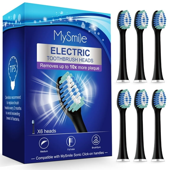 MySmile Sonic Rechargeable Electric Toothbrush Heads, Black, 6 Count Toothbrush Replacement Heads, Individual Packaging