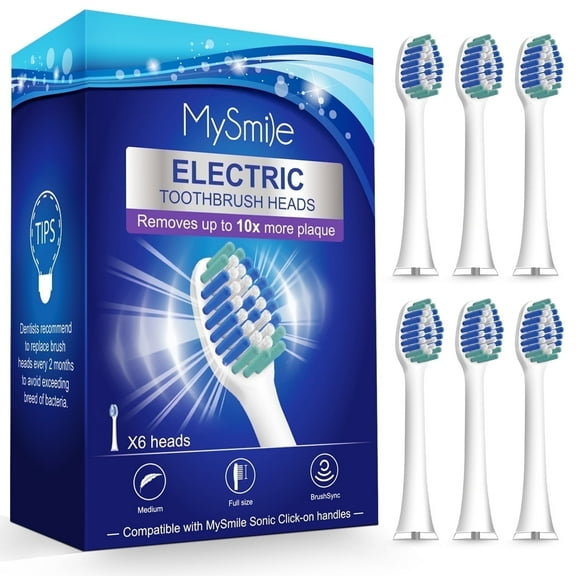 MySmile Sonic Rechargeable Electric Toothbrush Heads, 6 Count Replacement Toothbrush Heads, White, Individual Packaging