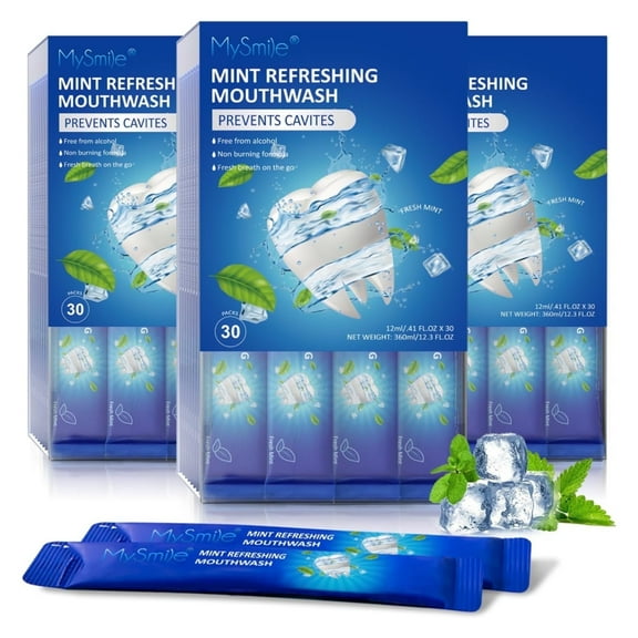 MySmile Mouthwash, Mouth Wash for Adults, Travel Mouthwash Helps Kill 99% of Bad Breath Germs, Prevents Cavities, Alcohol Free & Fluoride Free, Fresh Mint, 90 Count