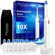 MySmile Rechargeable Sonic Electric Toothbrush for Adults, Enamel-Safe Toothbrush, 6 Replace Heads,  5 Super Vibration Deep Cleaning Modes, White