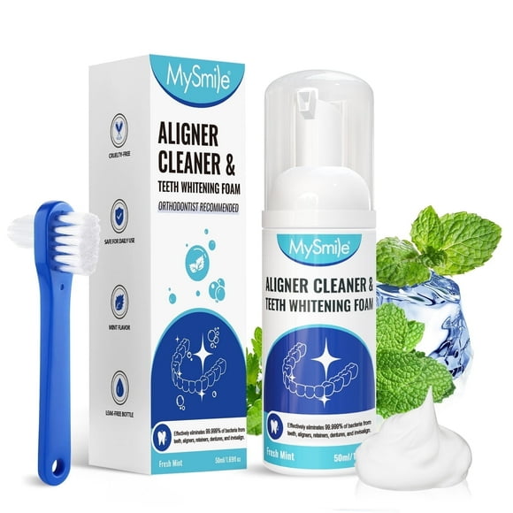 MySmile Aligner Retainer Cleaner Foam for Invisalign, Mouth Guards, Night Guards, Veneers, Whitens Teeth, Fights Bad Breath, Travel-Friendly, Fresh Mint, 16.9fl oz
