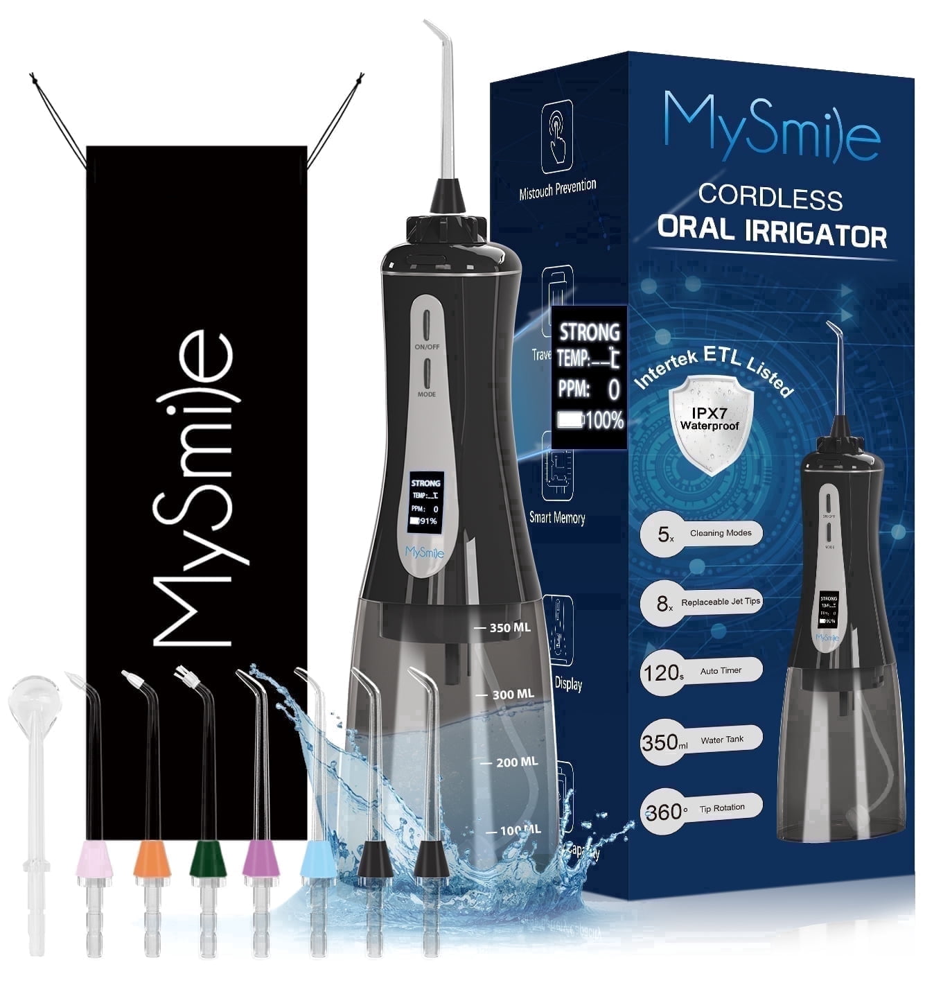 MySmile LP201 OLED Cordless Water Flosser for Teeth Braces, Gums, Dental Electric Power Flosser, Portable Oral Irrigator, 5 Modes, 8 Jet Tips,350ml, Black