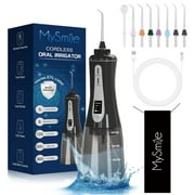 MySmile LP201 OLED Cordless Water Flosser for Teeth Braces, Gums, Dental Hygiene, Portable Power Oral Irrigator, 5 Modes, 8 Jet Tips, Black