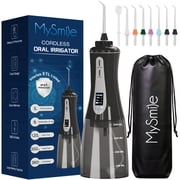 MySmile LP201 OLED Display Portable Water Flosser Cordless for Teeth Braces, Electric Power Water Dental Flosser 350ml Large Oral Irrigator, IPX7 Waterproof, 5 Modes, 8 Tips, 1 Travel Bag, Black