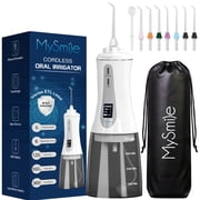 MySmile LP201 OLED Display Portable Water Flosser Cordless for Teeth Braces, Electric Power Water Dental Flosser 350ml Large Oral Irrigator, IPX7 Waterproof, 5 Modes, 8 Tips, 1 Travel Bag, White