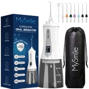 MySmile LP201 OLED Display Portable Water Flosser Cordless for Teeth Braces, Electric Power Water Dental Flosser 350ml Large Oral Irrigator, IPX7 Waterproof, 5 Modes, 8 Tips, 1 Travel Bag, White