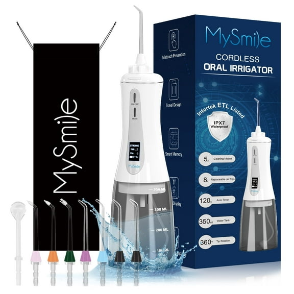 MySmile LP201 OLED Cordless Water Flosser for Teeth Braces, Gums, Dental Hygiene,350ml Large Tank, Portable Power Oral Irrigator, 5 Modes, 8 Jet Tips, White