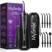 MySmile LP211 Portable Water Flosser Cordless for Teeth Braces, Electric Water Dental Flossers, Power Oral Irrigator, IPX7 Waterproof, 5 Modes, 8 Jet Tips, 260ml Tank, 1 Travel Bag, Black