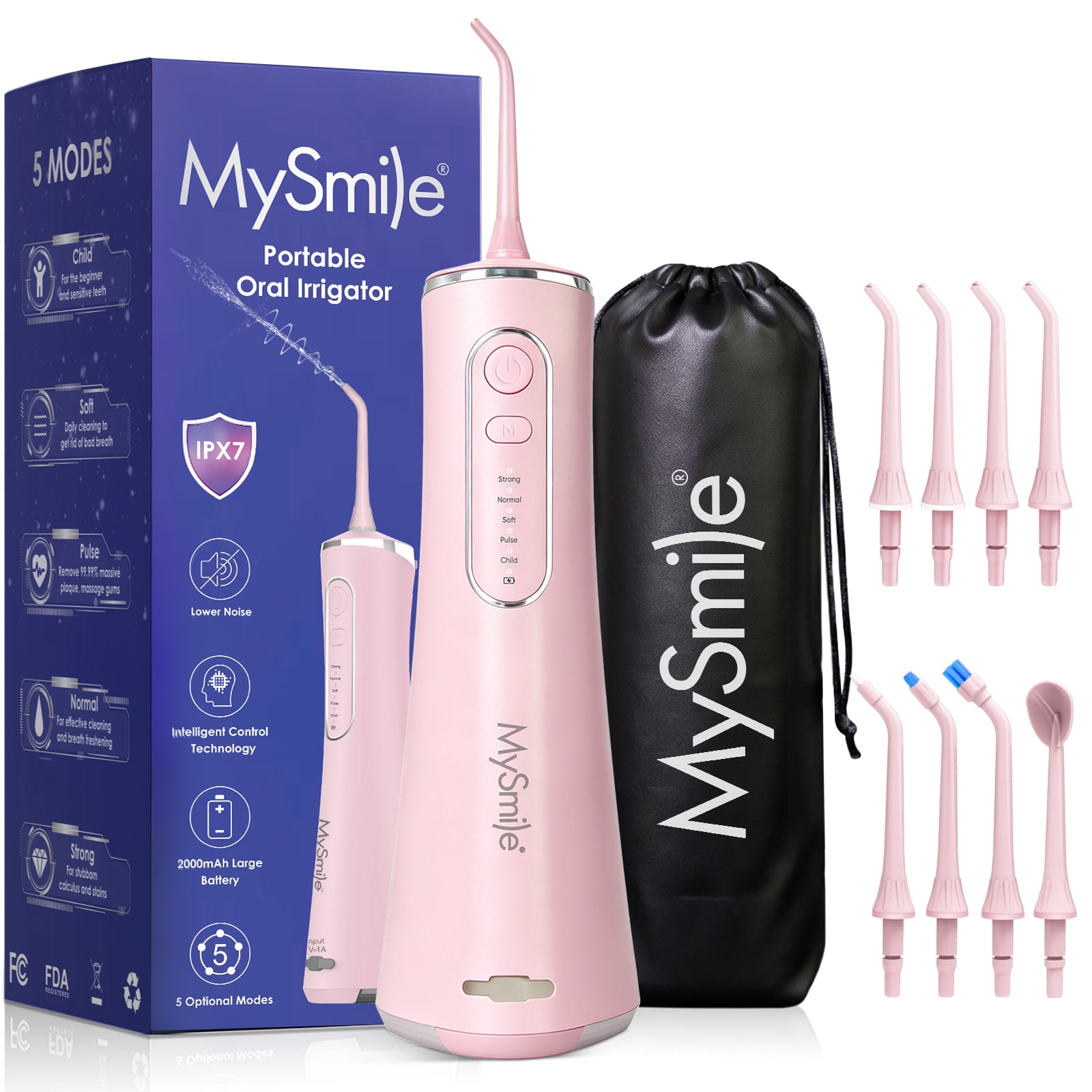 MySmile LP211 Portable Water Flosser Cordless for Teeth Braces, Oral Irrigator, Electric Water Dental Picks, 5 Modes, 8 Jet Tips, Travel Bag, Pink