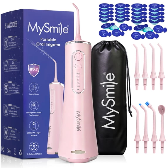 MySmile LP211 Portable Water Flosser Cordless for Teeth & 30pcs Mouthwash Combo, Power Water Dental Flosser Electric Picks, Rechargeable Oral Irrigator, Waterproof, 5 Modes, 8 Tips, Travel Bag, Pink