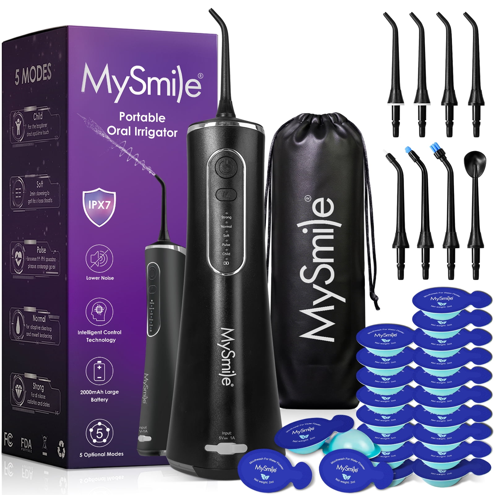 MySmile LP211 Portable Water Flosser Cordless for Teeth & 30pcs Mouthwash Combo, Power Water Dental Flosser Electric Picks, Rechargeable Oral Irrigator, Waterproof, 5 Modes, 8 Tips, Travel Bag, Black